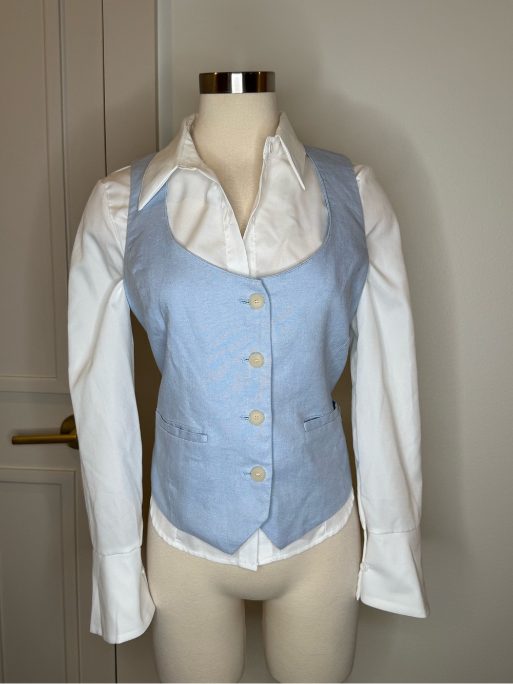 Mango Pale Blue Button-Front Women's linen Vest top